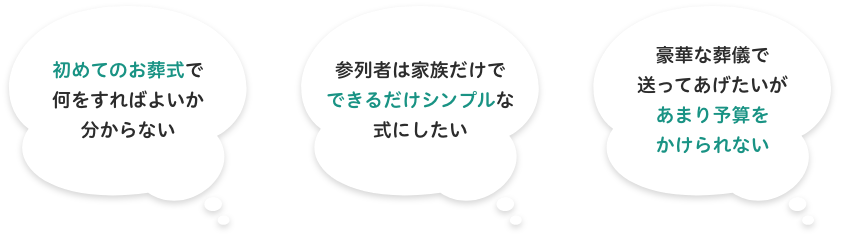 初めてのお葬式で何をすればよいか分からない・参列者は家族だけでできるだけシンプルな式にしたい・豪華な葬儀で送ってあげたいがあまり予算をかけられない