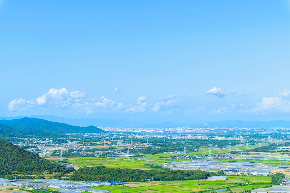 青空の下に広がる地域の街並みと田園風景